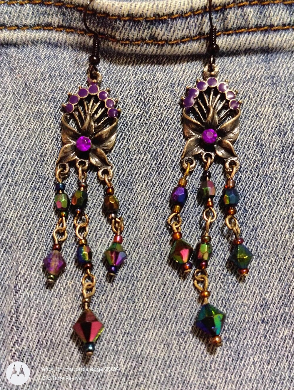 Upcycled Vintage Enamel Rhinestone Flower Statement Earrings Boho Gothic